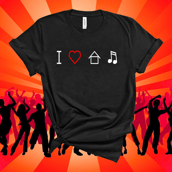 Black t-shirt with 'I ❤️ ❤️ ❤️' design on an orange background with silhouettes of people dancing.