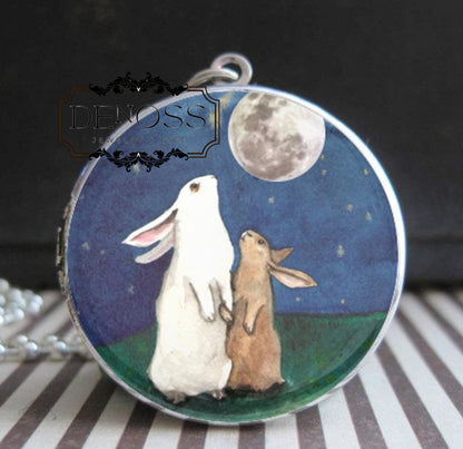 I Love You to The Moon Necklace,Two Bunnies Pendant Gift for Moms,Kids,Girls