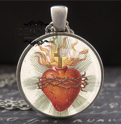 Immaculate Sacred Heart of Jesus Necklace,Vintage Art Glass Charm,Catholic Pendant,Hand Crafted Jewelry Gifts for Women