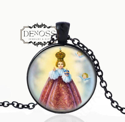 Infant JESUS of Prague Catholic Necklace,Black Pendant,CATHOLIC Christian Necklace
