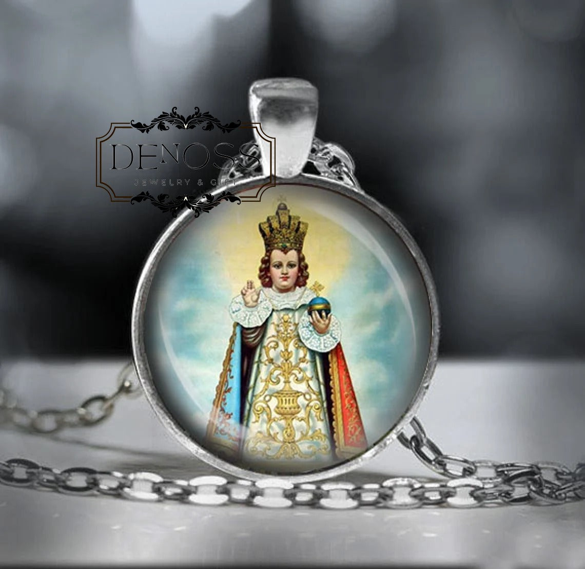 Infant Jesus of Prague Necklace,Catholic Silver Pewter Pendant