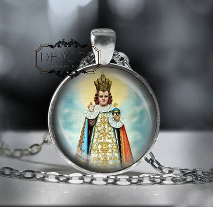Infant Jesus of Prague Necklace,Catholic Silver Pewter Pendant