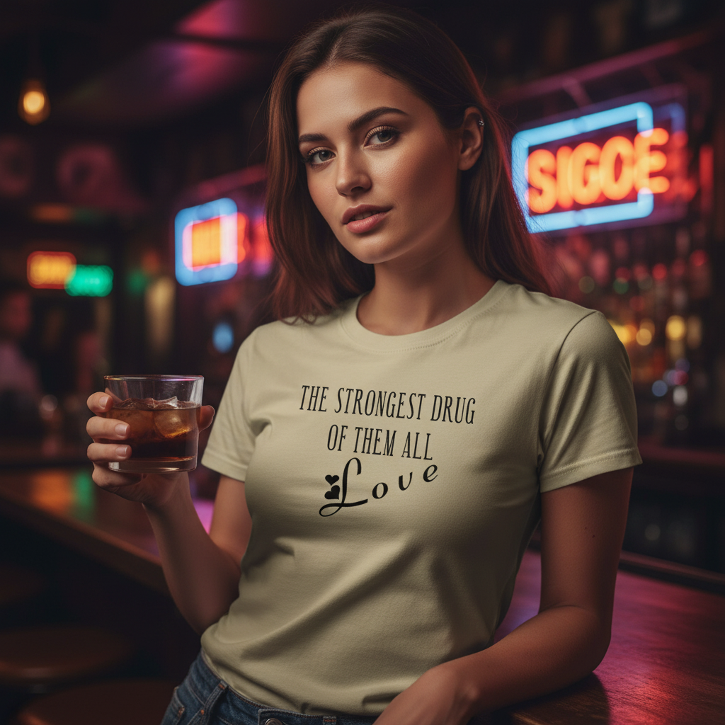 Beige t-shirt with black text 'The strongest drug of them all is love' on a white background