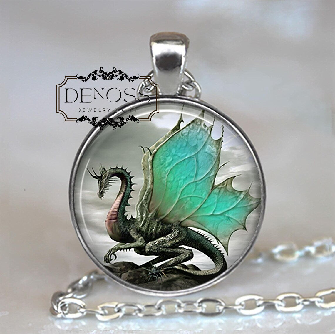Jade-Winged Dragon necklace,Jade Dragon gift,dragon wing pendant,fantasy art necklace