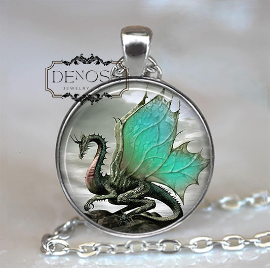Jade-Winged Dragon necklace,Jade Dragon gift,dragon wing pendant,fantasy art necklace - Denoss