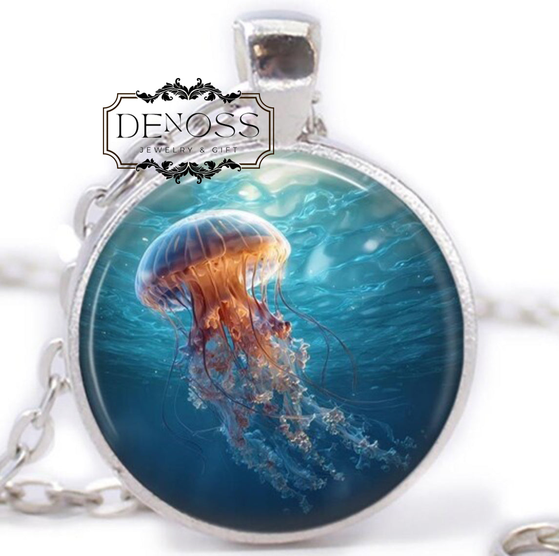 Jellyfish Necklace,Glass Art Cabochon,Ocean Pendant