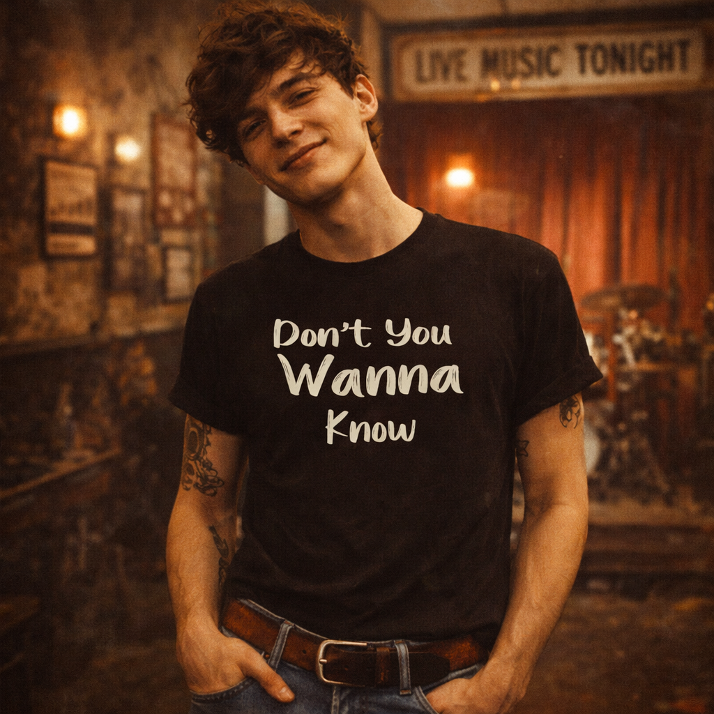 Person wearing a black t-shirt with 'Don't You Wanna Know' text in a bar setting.