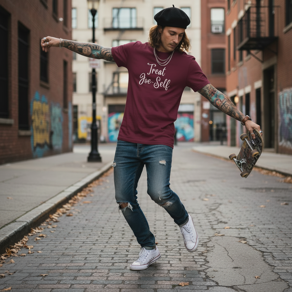 Maroon t-shirt with 'Treat Joe-Self' text on a white background