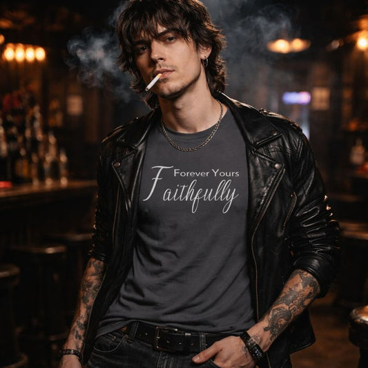 Man wearing a black leather jacket and 'Forever Yours Faithfully' shirt in a bar setting.