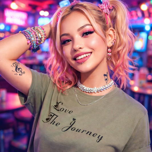 Woman with pink hair and tattoos wearing a shirt with 'Love The Journey' text in a colorful, possibly nightclub setting.
