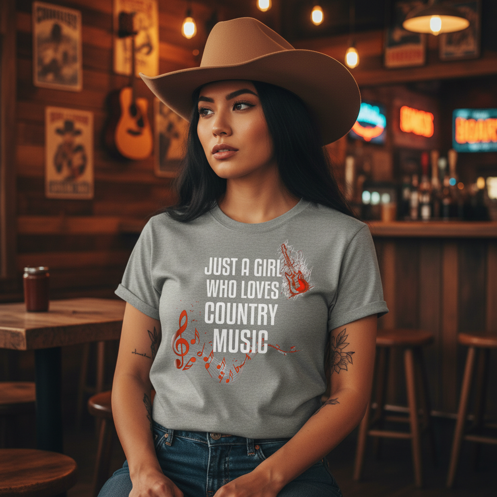 Gray t-shirt with 'Just a Girl Who Loves Country Music' text and musical notes on a white background