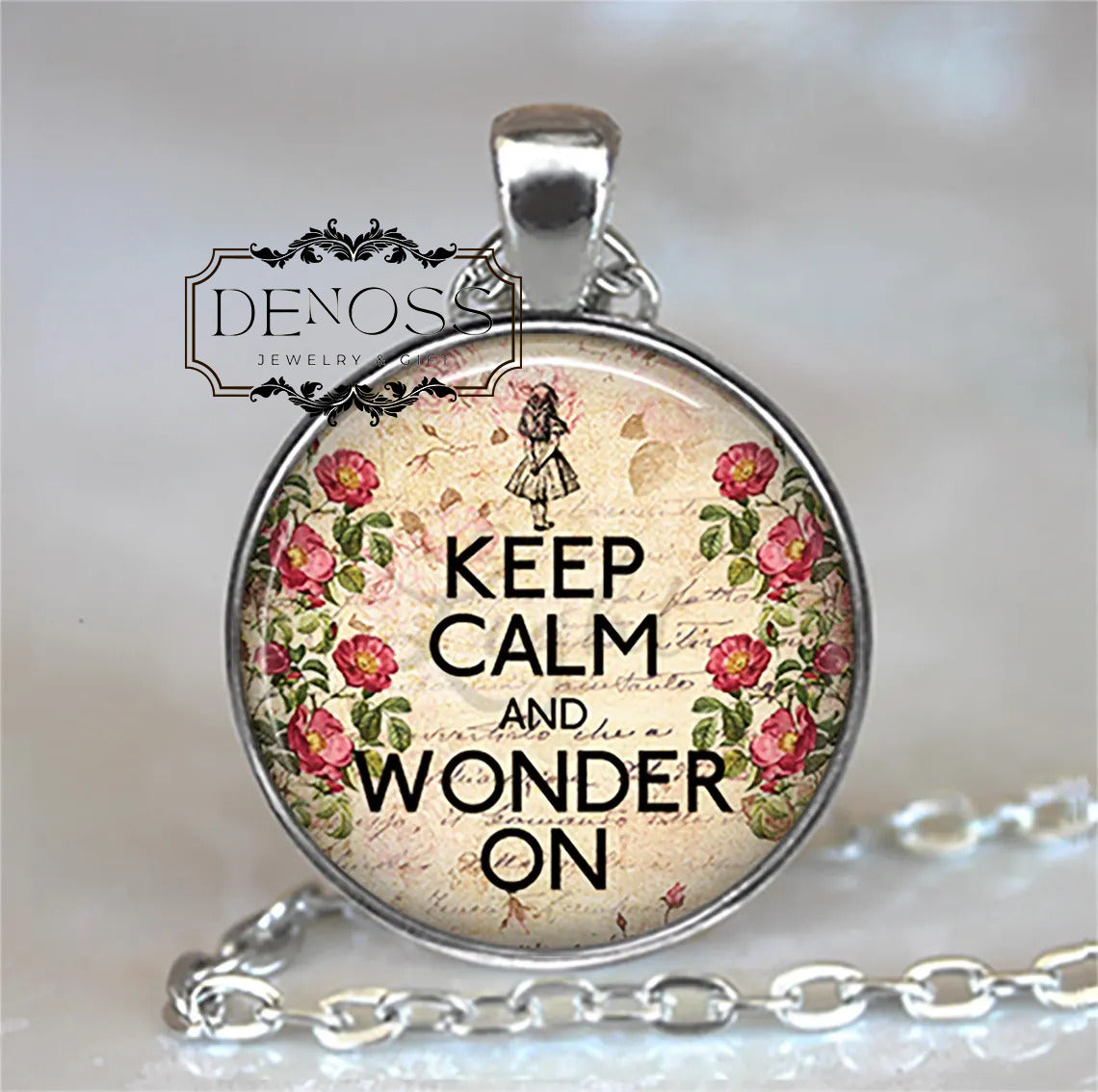 Keep Calm and Wonder On Alice necklace,Alice in Wonderland jewelry,Wonderland gift