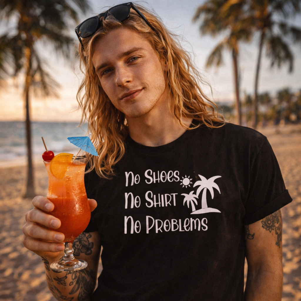 Man on a beach holding a cocktail and wearing a black t-shirt with a palm tree design and text.