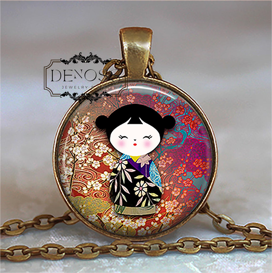 Kokeshi Doll necklace,Japanese jewelry,burgundy wine doll art,ethnic doll charm