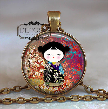 Kokeshi Doll necklace,Japanese jewelry,burgundy wine doll art,ethnic doll charm