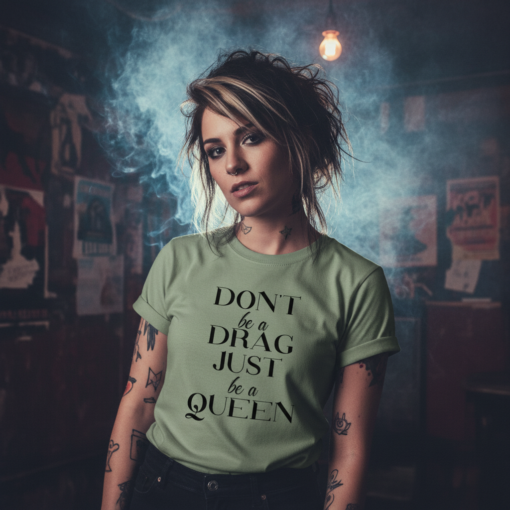Green t-shirt with black text 'DON'T be a DRAG JUST be a QUEEN' on a white background