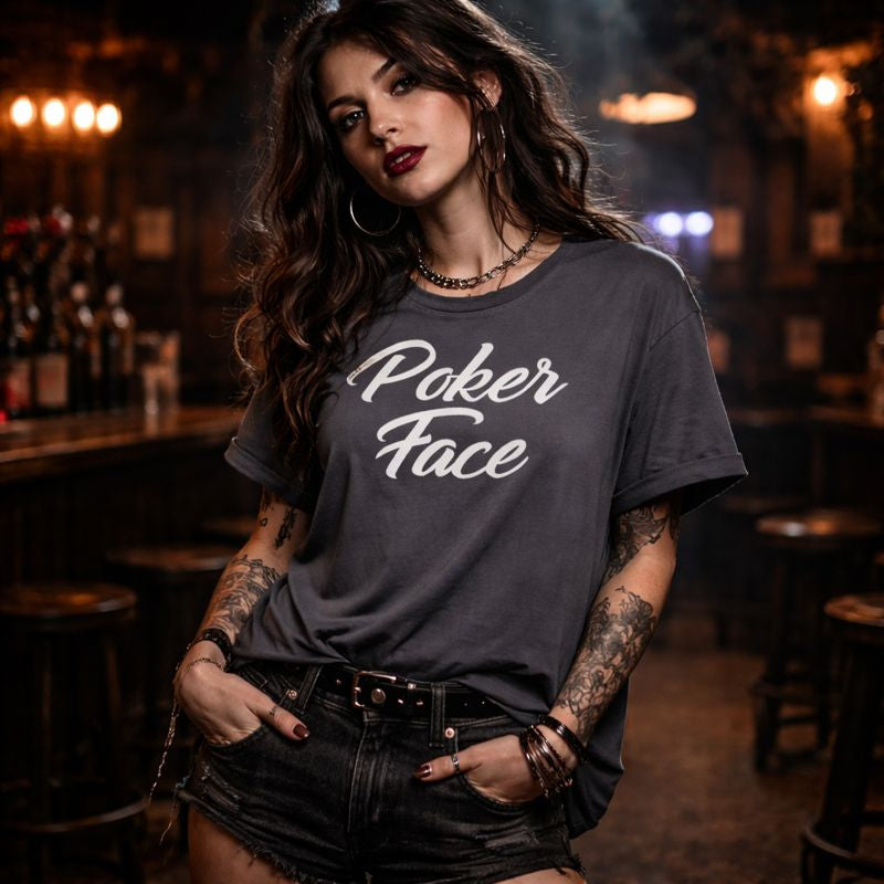 Woman wearing a 'Poker Face' t-shirt in a bar setting