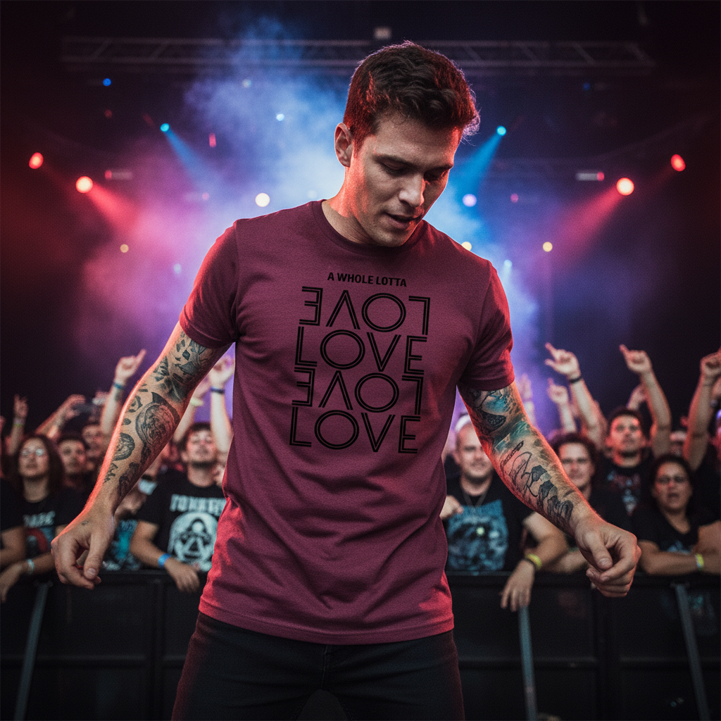 Maroon t-shirt with black text 'A WHOLE LOTTA LOVE' on a white background