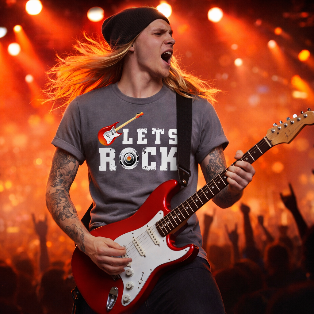 Person playing guitar with 'Let's Rock' t-shirt on stage with bright lights