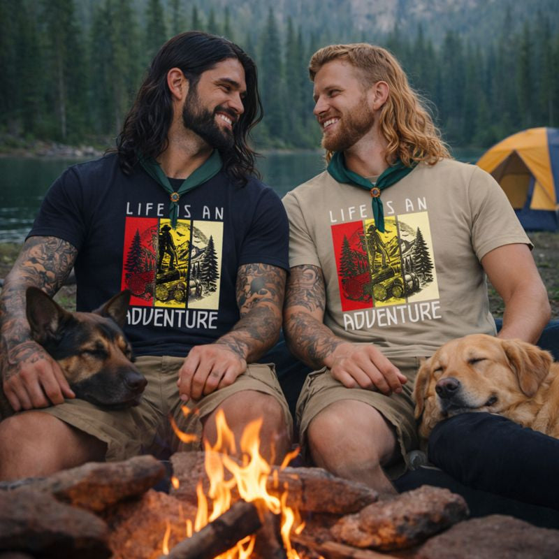 Two men sitting by a campfire with their dogs, wearing matching 'Life is an Adventure' t-shirts.