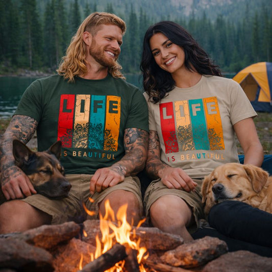 Couple with dogs sitting by a campfire in a forest setting