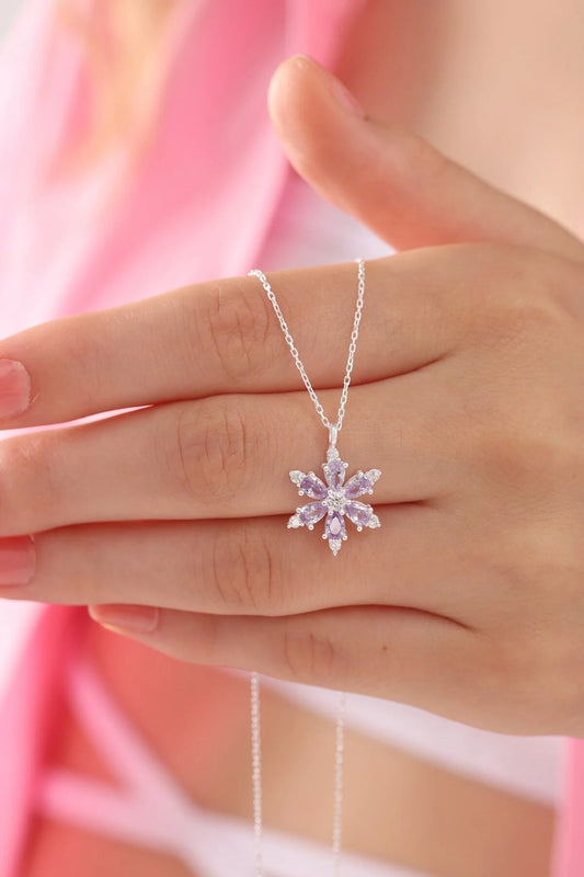 925 Sterling Silver Chain Lilac Lotus Camellia Flower of Life Necklace