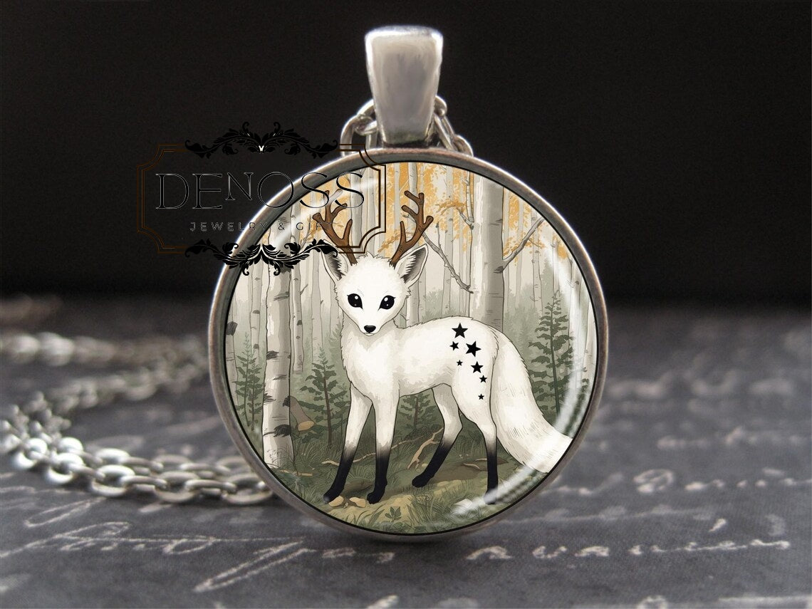 Little White Deer Fox Tail Necklace,Pantheon Heraldry Symbol Cute Chimera Charm,Cute Woodland Fantasy,Animal Art