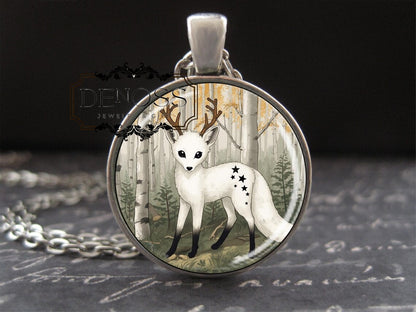 Little White Deer Fox Tail Necklace,Pantheon Heraldry Symbol Cute Chimera Charm,Cute Woodland Fantasy,Animal Art