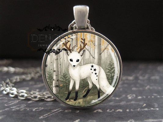 Little White Deer Fox Tail Necklace,Pantheon Heraldry Symbol Cute Chimera Charm,Cute Woodland Fantasy,Animal Art - Denoss