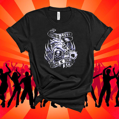 Black t-shirt with graphic design on an orange background with silhouettes of people dancing.