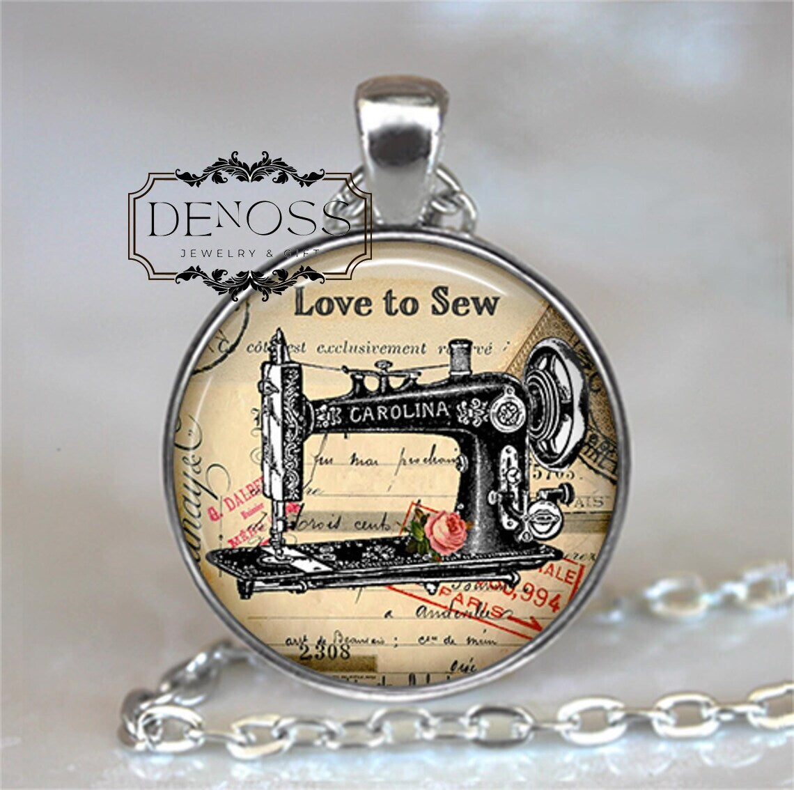 Love to Sew necklace,seamstress gift,antique sewing machine,dressmaker sewing gift for mom