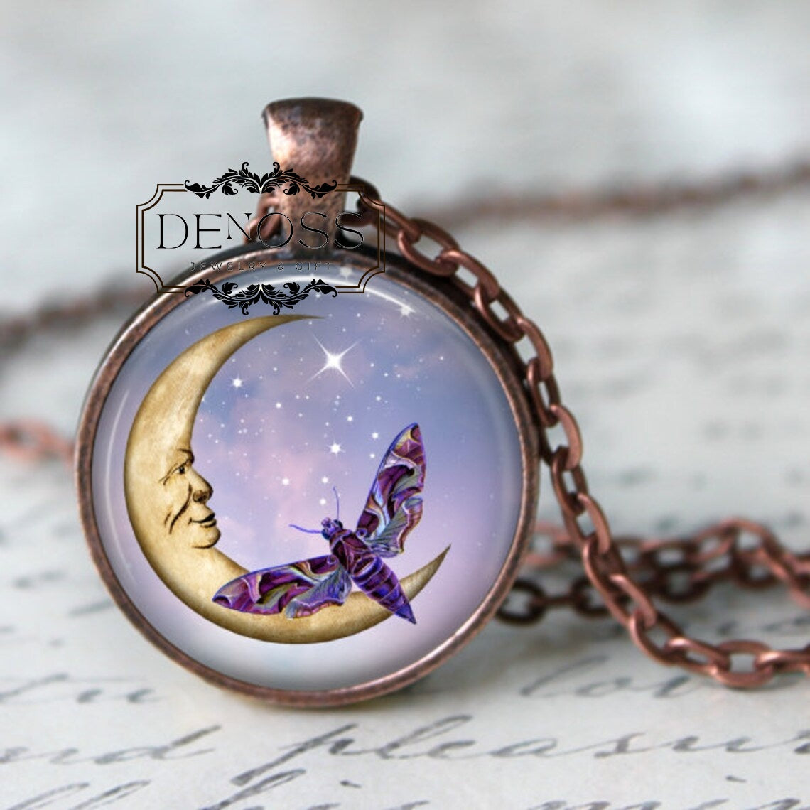 Lunar Moth Pendant Necklace,Butterfly Pendant,Butterfly Necklace,Moth Pendant,Moth Necklace,Crescent Moon