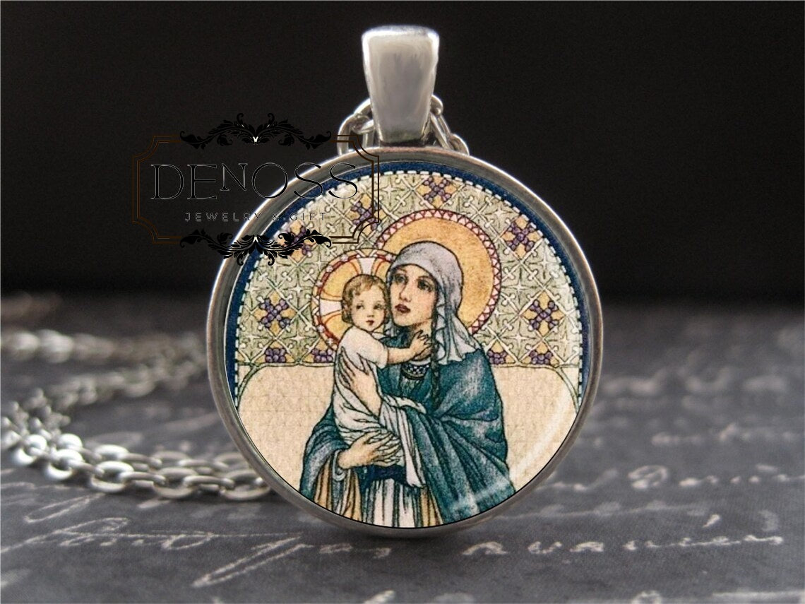 Madonna and Child Medal,Jeanne Antoinette Labrousse Painting,Antique Art Nouveau Saint Mary Mother Catholic Print,Glass Charm Jewelry