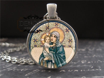 Madonna and Child Medal,Jeanne Antoinette Labrousse Painting,Antique Art Nouveau Saint Mary Mother Catholic Print,Glass Charm Jewelry