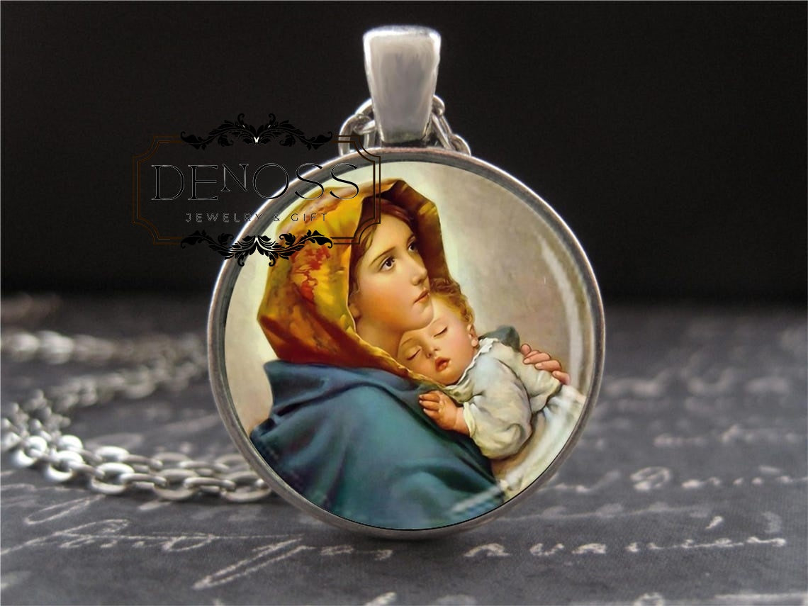 Madonna of the Streets Medal Necklace,Roberto Ferruzzi Painting Art Glass Charm,Catholic Pendant,Hand Crafted Jewelry,Gifts for Women