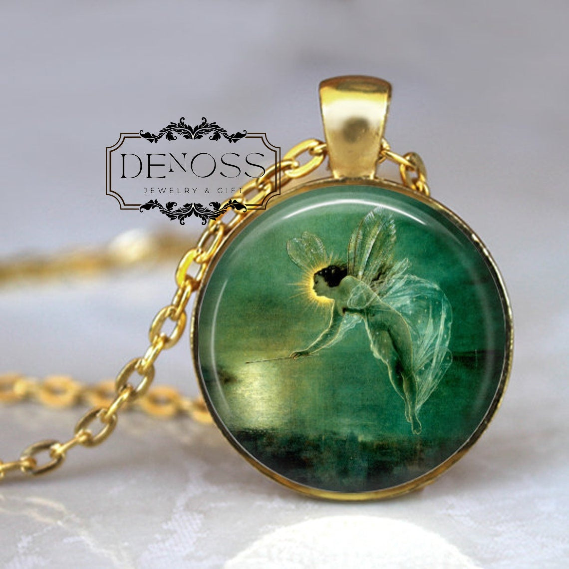 Magical Fairy Necklace, Fairy Necklace, Green Fairy Pendant, Vintage Illustration Jewelry,Flying Fairy