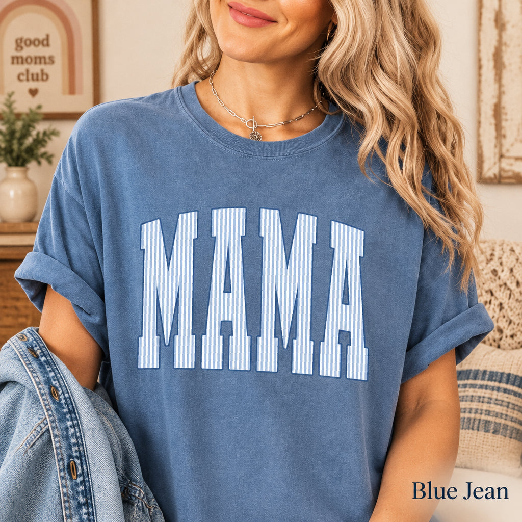 Mama Shirt, Striped Mama T-Shirt, Blue Jean Comfort Colors Shirt, Mother's Day Tee, Retro Mama Top, New Mom Gift, Trendy Mom Club Tee