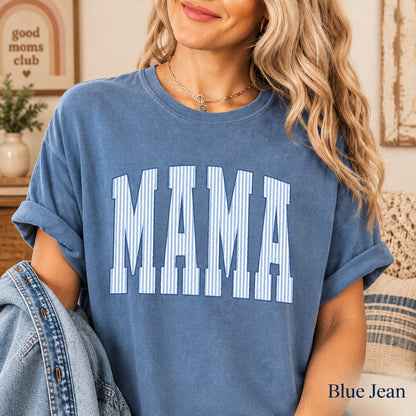 Mama Shirt, Striped Mama T-Shirt, Blue Jean Comfort Colors Shirt, Mother's Day Tee, Retro Mama Top, New Mom Gift, Trendy Mom Club Tee