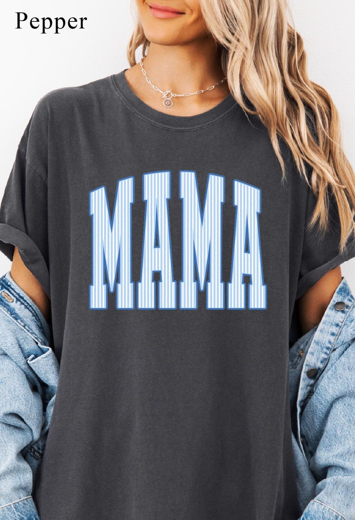 Mama Shirt, Striped Mama T-Shirt, Blue Jean Comfort Colors Shirt, Mother's Day Tee, Retro Mama Top, New Mom Gift, Trendy Mom Club Tee