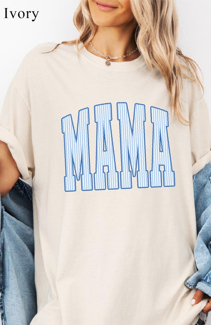 Mama Shirt, Striped Mama T-Shirt, Blue Jean Comfort Colors Shirt, Mother's Day Tee, Retro Mama Top, New Mom Gift, Trendy Mom Club Tee