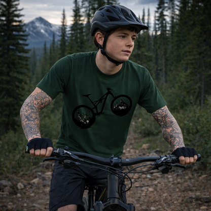 Man on a mountain bike wearing a helmet and green t-shirt with a bicycle graphic, surrounded by trees and mountains.
