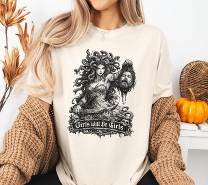 Medusa Comfort Colors Shirt, Girls Will Be Girls Feminist Tee, Mythical Empowerment Graphic Shirt, Women's Rights Shirt, Bold Gift Tee