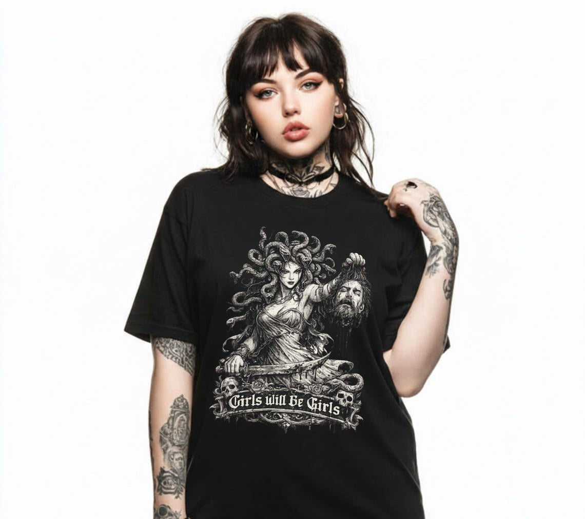 Medusa Comfort Colors Shirt, Girls Will Be Girls Feminist Tee, Mythical Empowerment Graphic Shirt, Women's Rights Shirt, Bold Gift Tee