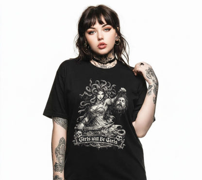 Medusa Comfort Colors Shirt, Girls Will Be Girls Feminist Tee, Mythical Empowerment Graphic Shirt, Women's Rights Shirt, Bold Gift Tee