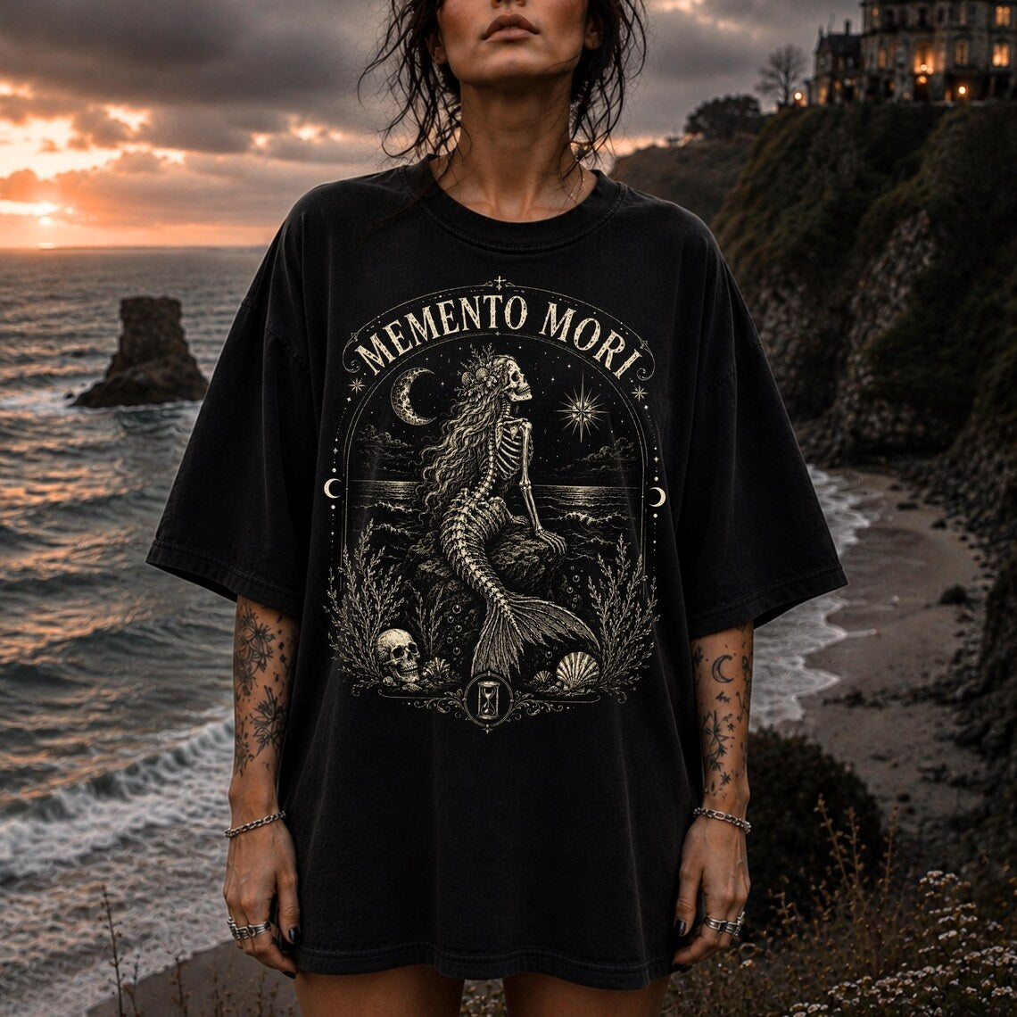 Memento Mori Skeleton Siren Skull Shirt ,Skeleton Mermaid Emo Shirt ,Skull Shirt Alt Clothing ,Gothic ,Mermaid Coastal Gothic Gothic Clothes