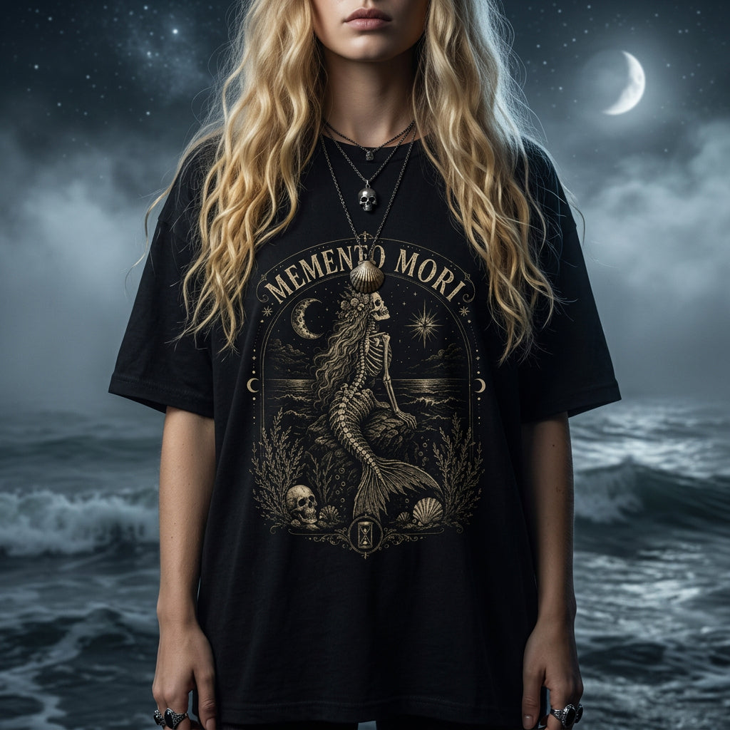 Memento Mori Skeleton Siren Skull Shirt ,Skeleton Mermaid Emo Shirt ,Skull Shirt Alt Clothing ,Gothic ,Mermaid Coastal Gothic Gothic Clothes