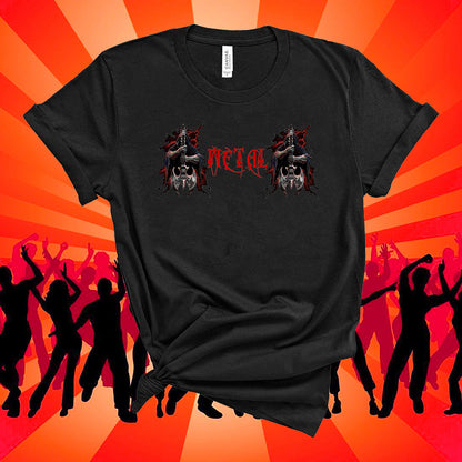 Black t-shirt with 'Metal' graphic design on an orange and red background with silhouettes of people dancing.