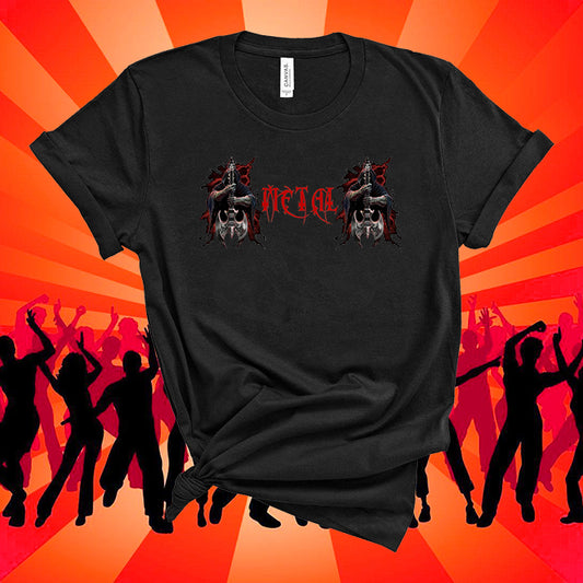 Black t-shirt with 'Metal' graphic design on an orange and red background with silhouettes of people dancing.