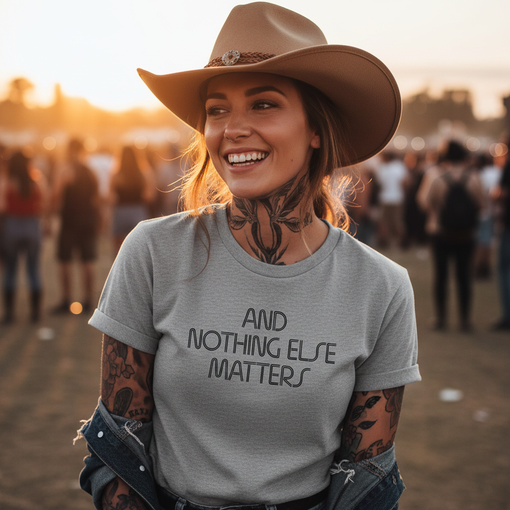 Gray t-shirt with 'AND NOTHING ELSE MATTERS' text on a white background
