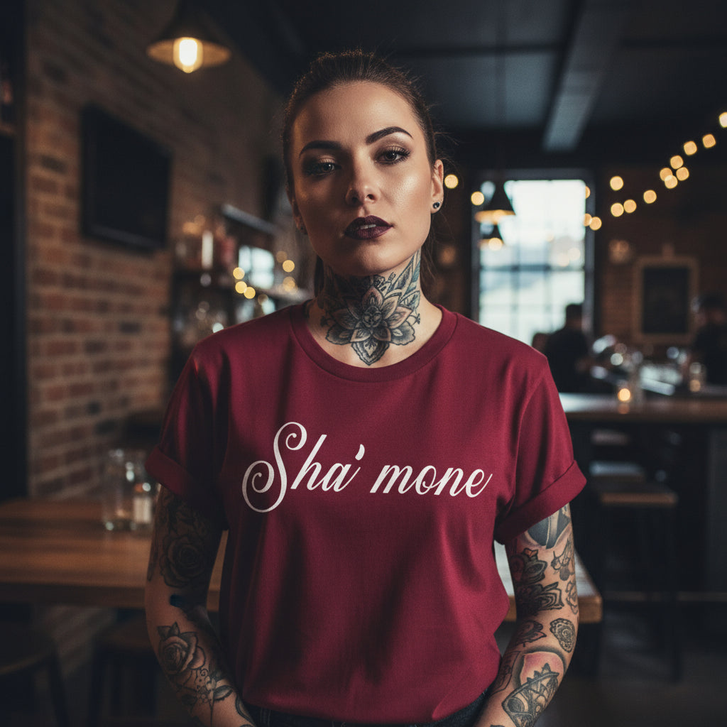 Red t-shirt with 'Sha' mone' text in white against a rustic wooden background.